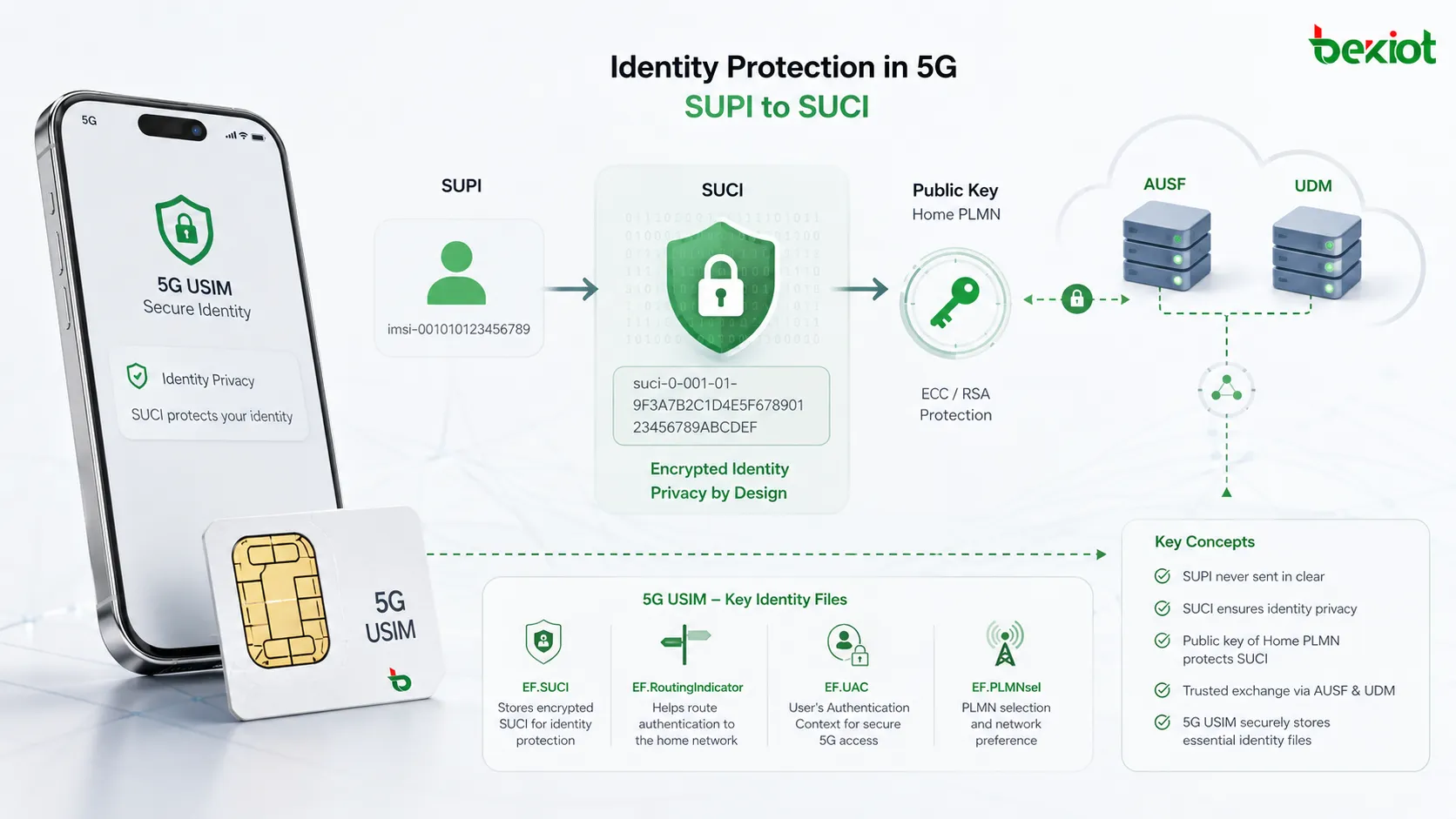 5G USIM이 SUCI 계산 데이터, 라우팅 표시자, UAC, PLMN 관련 EF 파일을 ID 프라이버시 및 액세스 관리에 사용하는 모습