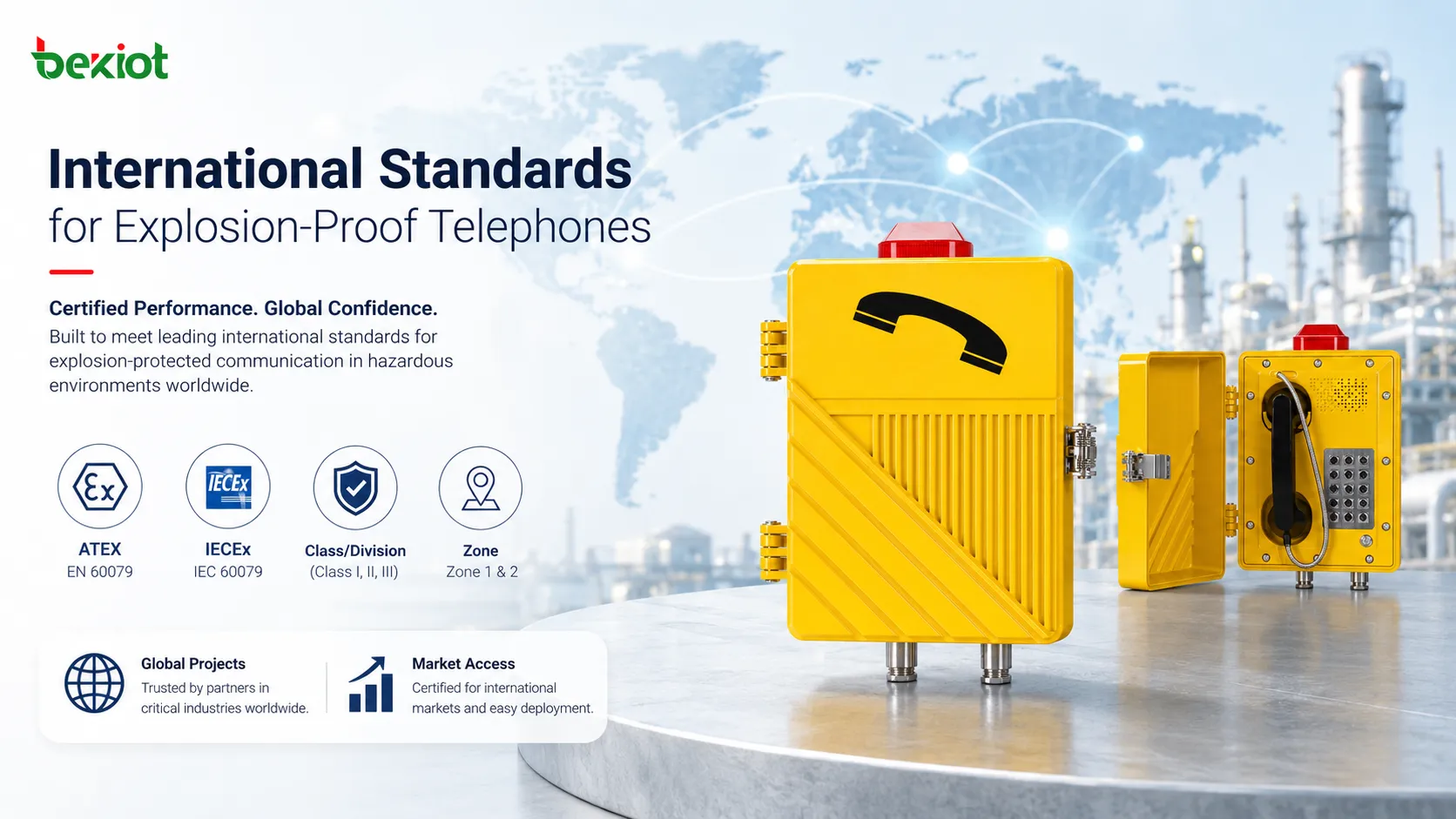 ATEX, IECEx, 북미 Class Division 및 Zone 체계, 위험 장소 통신, 인증 문서, 국제 시장 접근을 포함한 글로벌 방폭 전화 표준