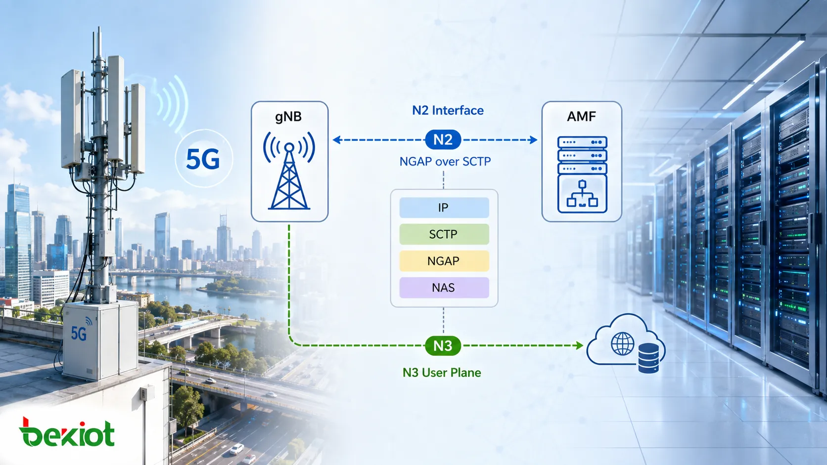 SCTP와 NGAP를 통해 gNB와 AMF를 연결하고 NAS 시그널링 및 UE 제어 평면 절차를 전달하는 5G N2 인터페이스