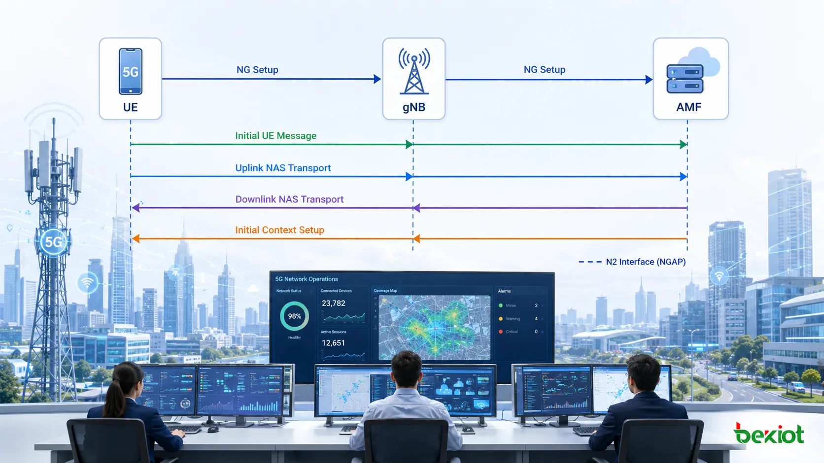 NG Setup에서 Initial UE Message, NAS Transport, Initial Context Setup으로 이어지는 일반적인 5G N2 시그널링 순서
