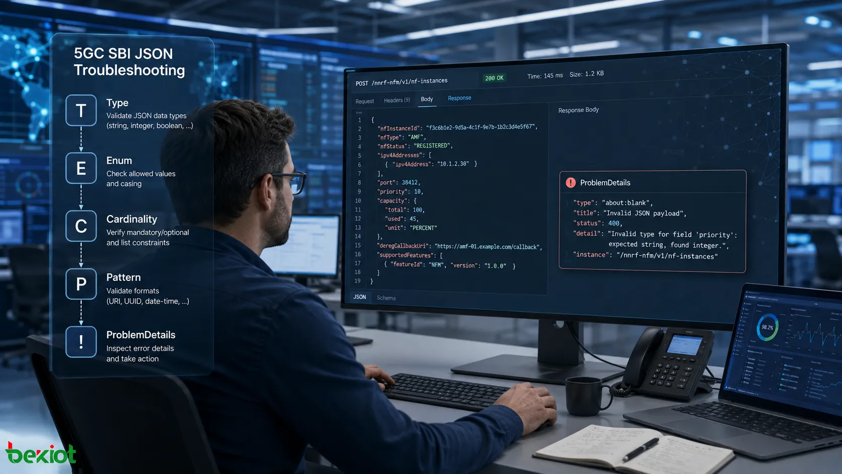 API 리소스, 필드 타입, 열거값, Cardinality, 형식 제약, ProblemDetails를 확인해 SBI JSON 메시지를 분석하는 5GC 엔지니어