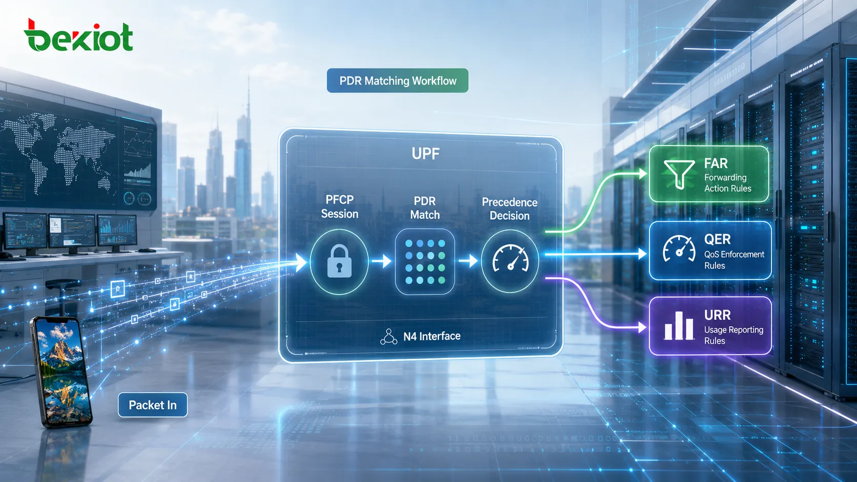 N4 인터페이스의 UPF 패킷 처리 흐름으로, Precedence에 따른 PDR 일치와 연결된 FAR, QER, URR 규칙을 표시