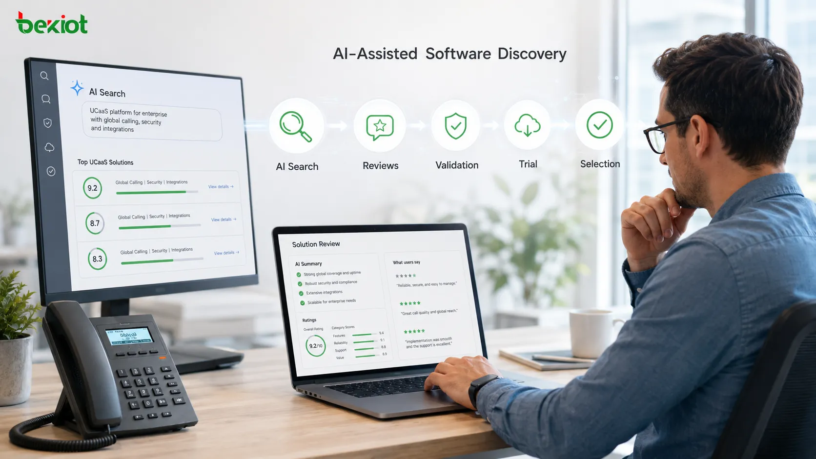 AI 지원 UCaaS 구매 여정으로 소프트웨어 탐색과 제3자 리뷰에서 기술 검증, 체험, 최종 벤더 선택까지 보여 줌
