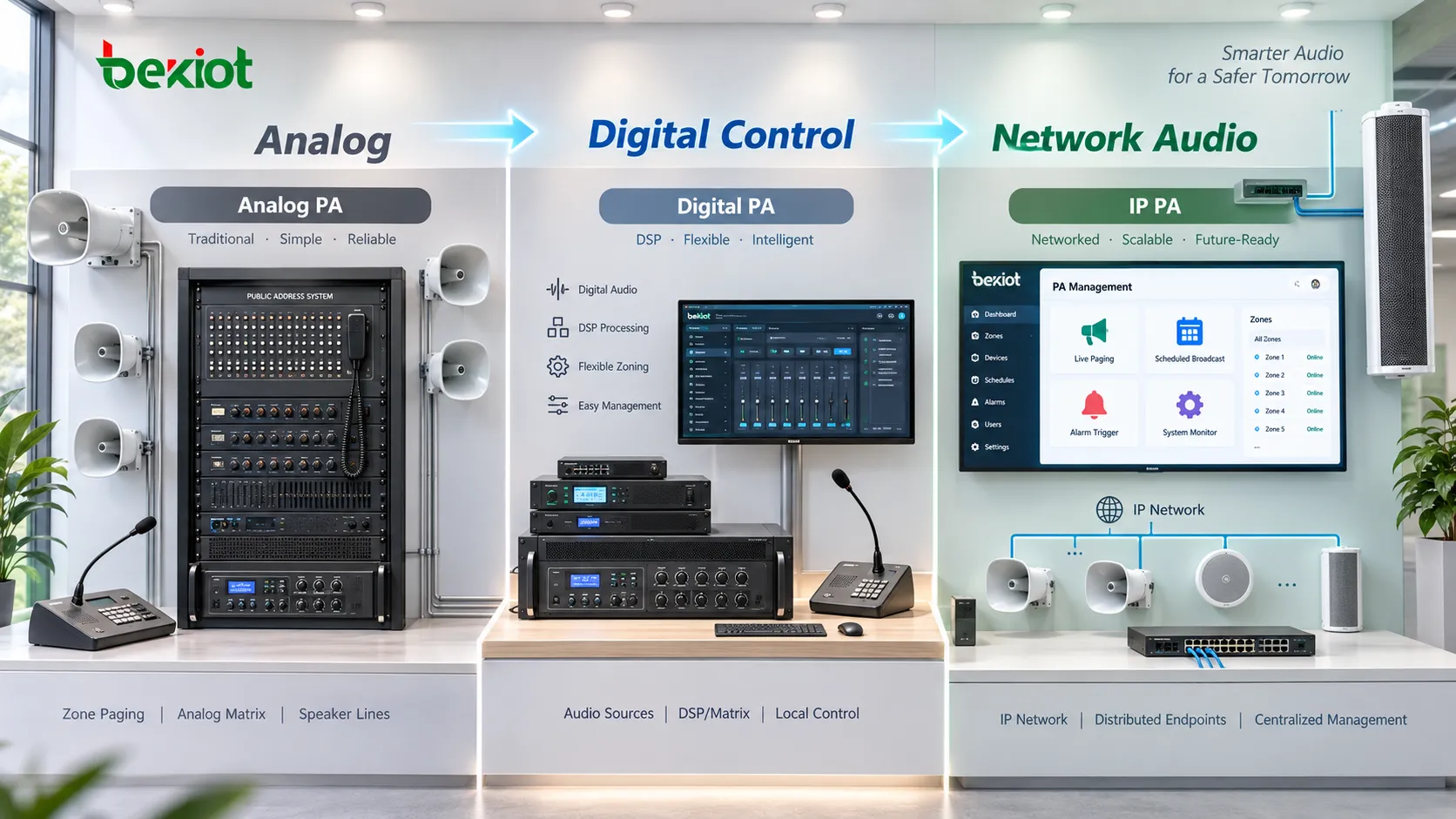 아날로그 매트릭스와 중앙 100V 앰프에서 디지털 DSP 제어, PA 서버, Ethernet 네트워크, 분산 IP 오디오 단말로 발전한 PA 아키텍처 비교