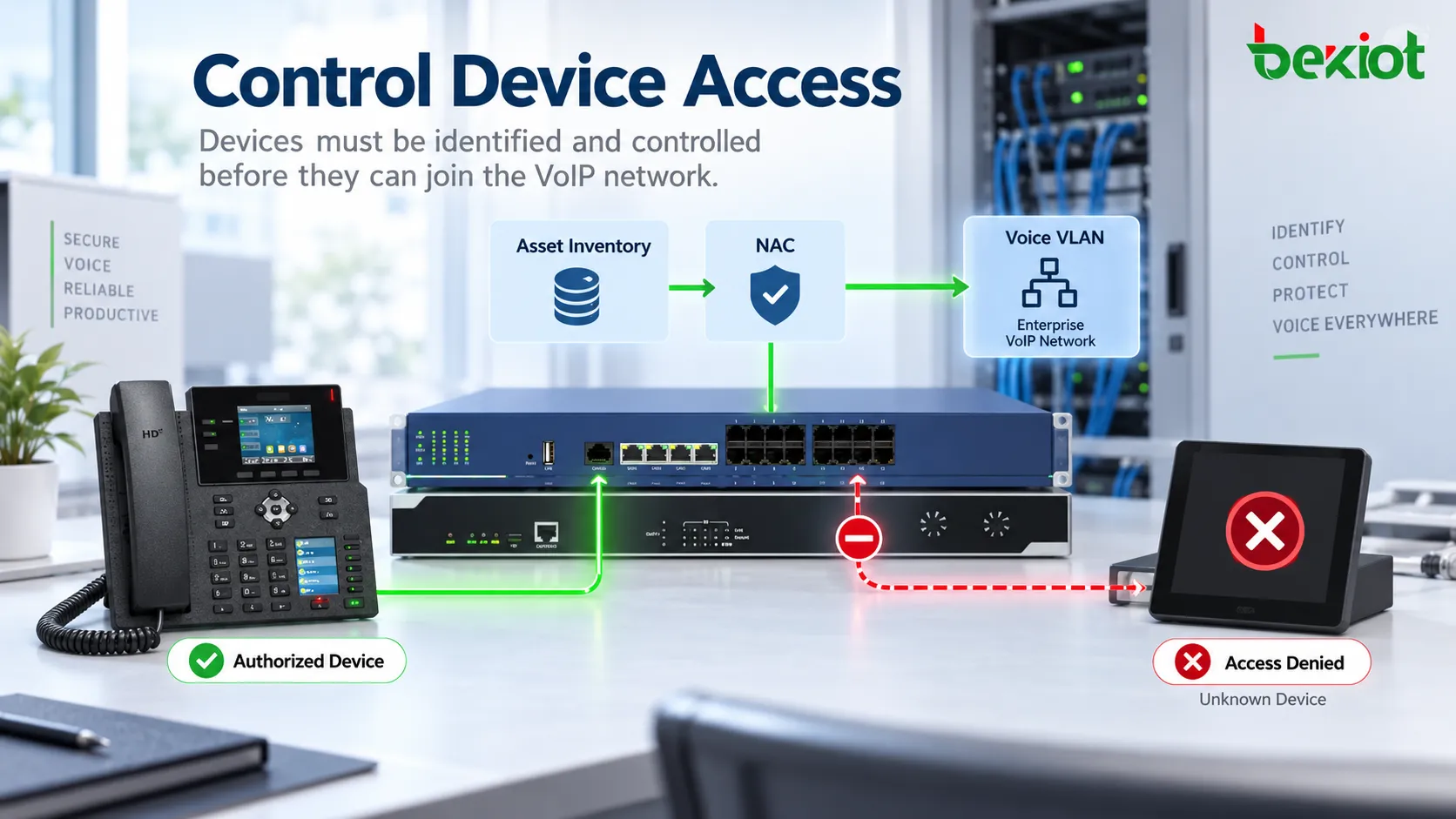 자산 목록, 음성 VLAN, NAC, 스위치 포트 제어를 이용해 승인되지 않은 IP 전화기, ATA, VoIP 게이트웨이의 연결을 차단하는 기업 음성 네트워크