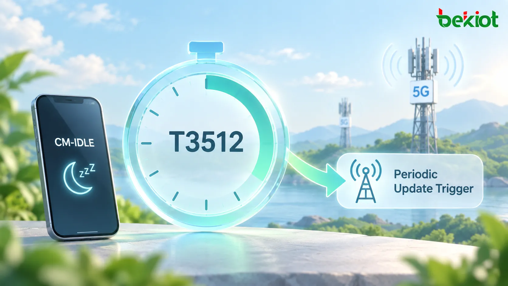 5GC 주기적 등록 갱신에서 UE는 등록 후 CM-IDLE로 들어가고 T3512가 동작하며, 타이머가 만료되면 UE가 시그널링 연결을 다시 설정하고 주기적 등록 갱신을 시작한다