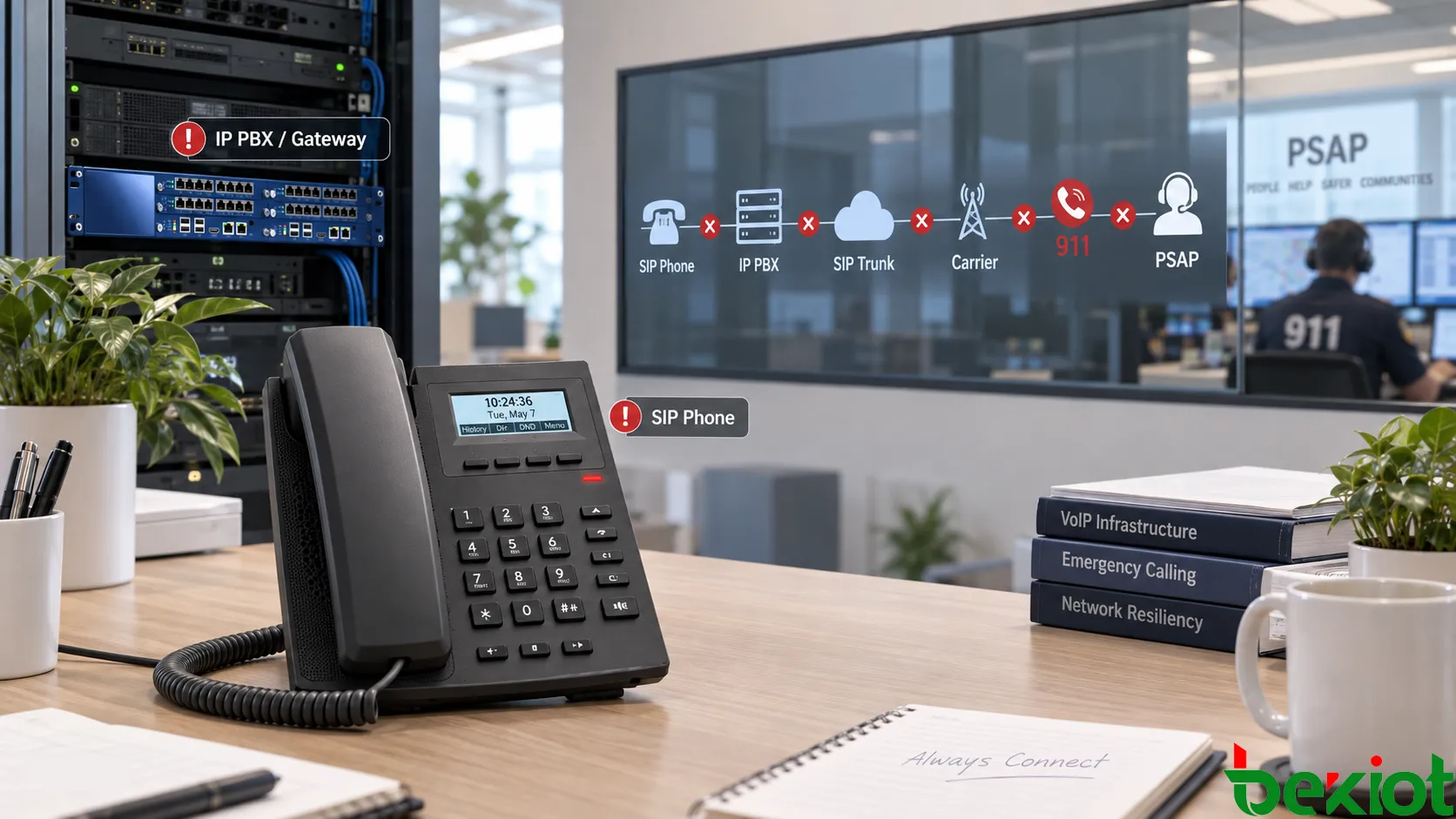 SIP 전화, 기업 네트워크, IP PBX, SIP Trunk에서 통신사와 911 라우팅을 거쳐 PSAP에 이르는 종단 간 VoIP 긴급 통화 경로로, 로컬·통신사·긴급 서비스의 장애 도메인을 각각 구분해 표시