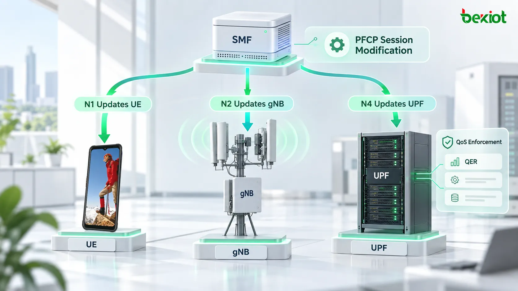 5GC PDU 세션 수정: N1이 UE의 QoS 파라미터를 갱신하고, N2가 gNB의 QoS Flow 리소스를 수정하며, N4 PFCP Session Modification이 UPF의 QER 및 기타 사용자 평면 적용 규칙을 갱신