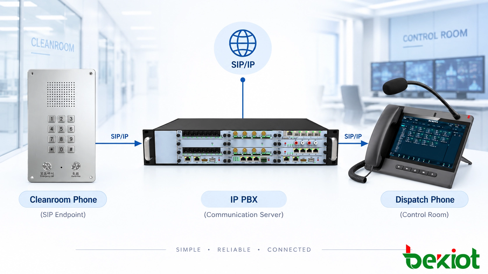 IP PBX 통신 시스템에 연결된 SIP 클린룸 전화기