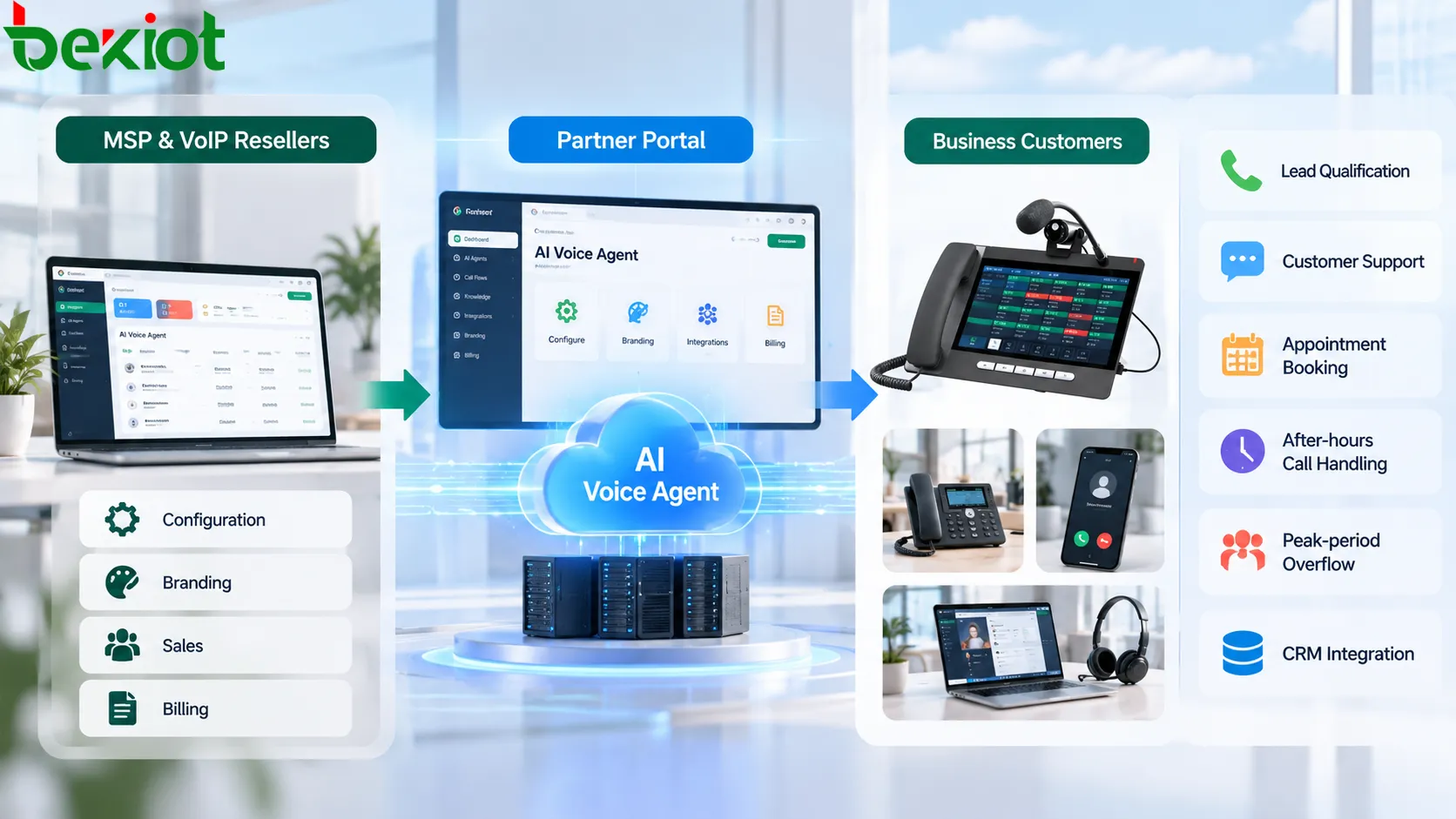 Voip Unlimited AI Agent를 MSP와 VoIP 리셀러가 Partner Portal에서 설정하고 자체 브랜드로 제공·과금한 뒤 기업 고객에게 AI 음성 서비스로 전달하는 구조