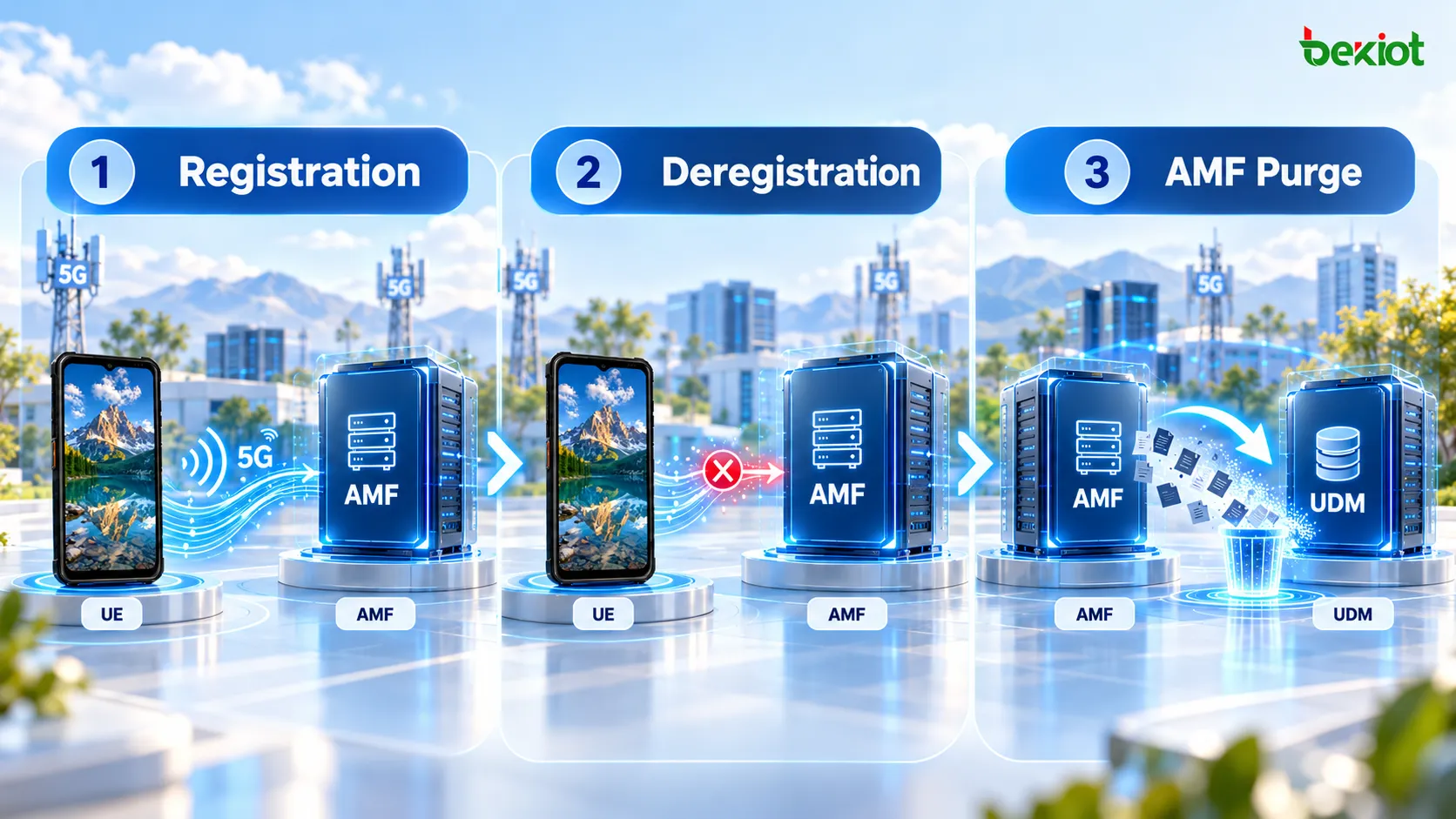 5GC 최초 등록, 네트워크 주도 등록 해제 및 AMF 퍼지의 차이: 등록 해제 후 AMF 컨텍스트와 UDM 관계를 정리하는 퍼지 절차