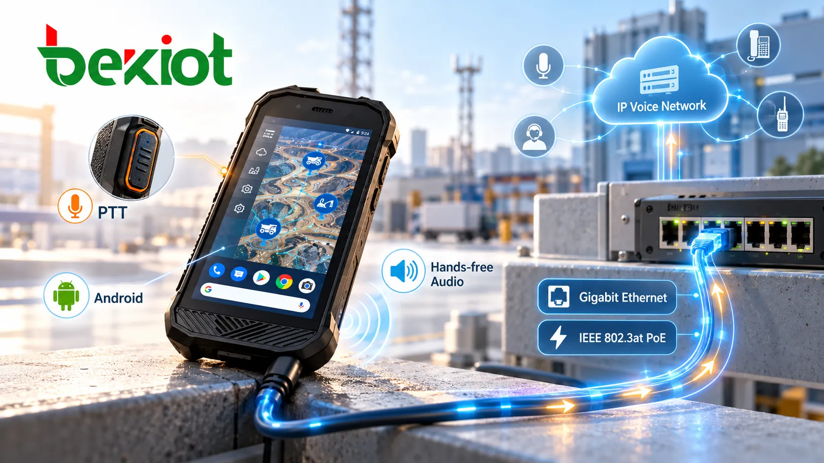 기가비트 이더넷과 IEEE 802.3at PoE로 IP 음성 네트워크에 접속하고 물리적 PTT 버튼, Android 소프트웨어 및 핸즈프리 오디오로 현장 통신을 지원하는 SVA 500