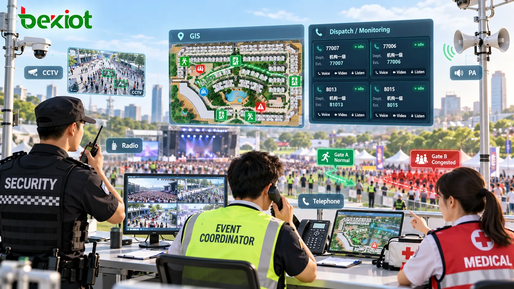 CCTV, GIS 지도, 무전, 전화, PA 시스템을 사용해 인파 밀도와 출구 상태를 실시간 감시하고 보안·의료·현장 인력을 파견하는 대규모 집회 지휘센터